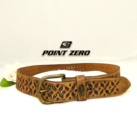 POINT ZERO Unisex Belt Brown Leather Black Burnished Geo Motifs Brass Buckle, S - Picture 3 of 11